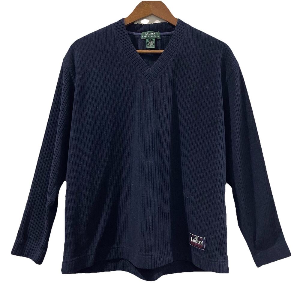 Lauren Ralph Lauren Sweater Womens Large Navy Blue Ribbed Preppy Coastal Classic